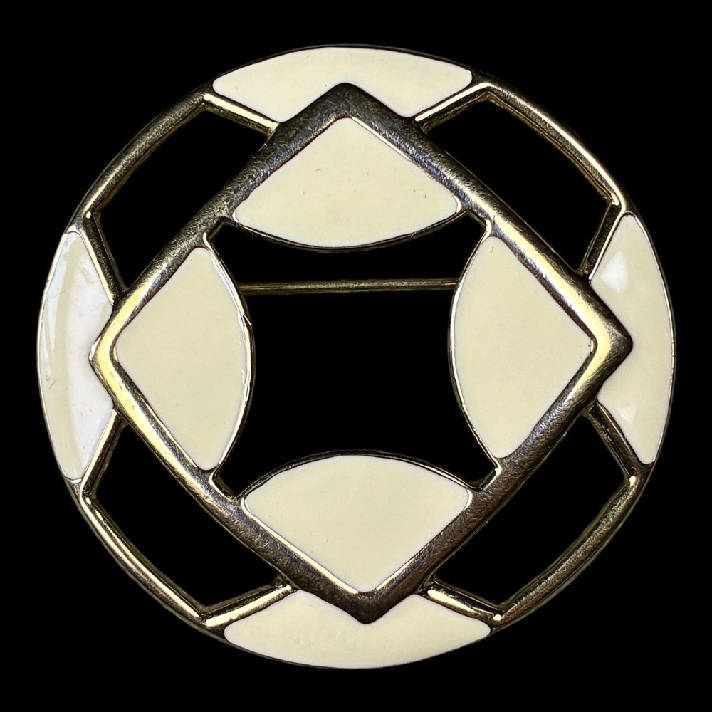 Vintage Monet Cream Enamel Gold Tone Geometric Round Brooch Signed Pin